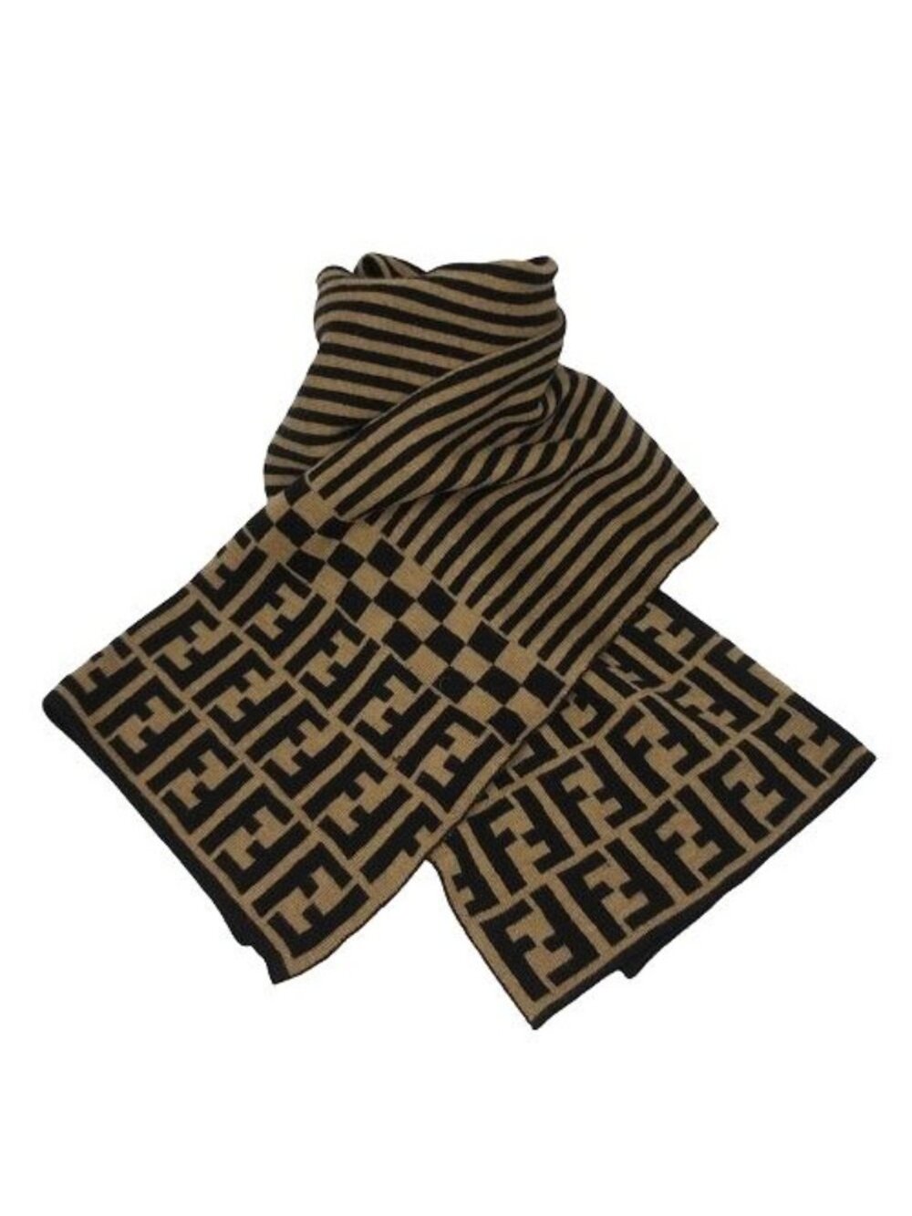 Fendi Scarf Shawl Vintage Reversible Wool Zucca Pattern Stripe Beige Black